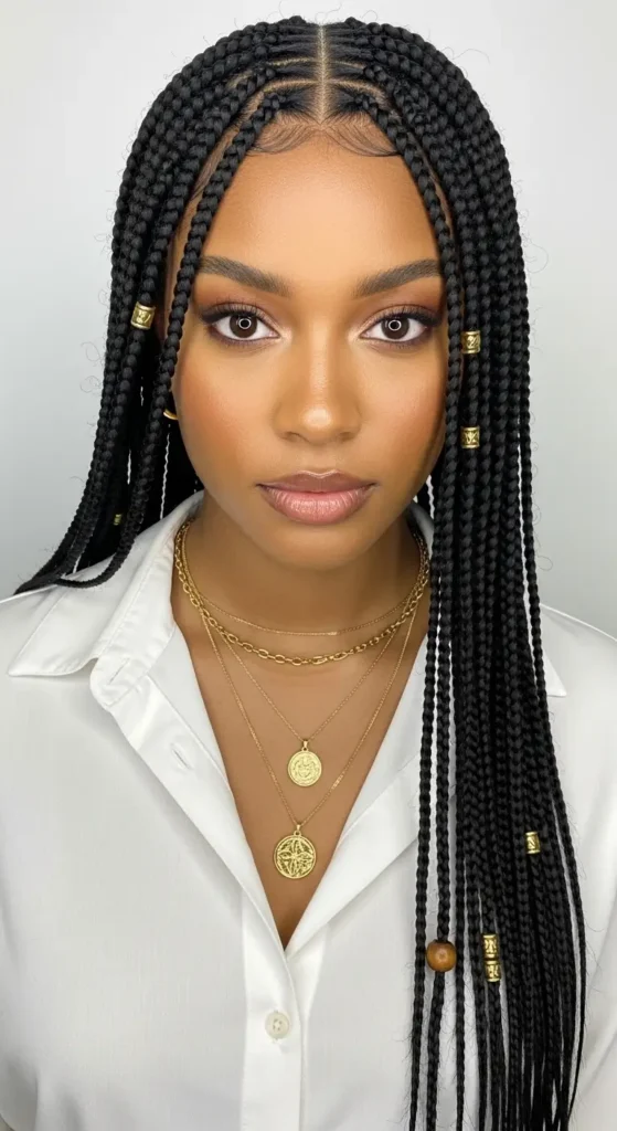 portrait of a woman wearing classic center part Fulani braids, natural indoor lighting coming through sheer curtains, warm neutral bedroom setting with soft linen bedding and textured pillows, subtle gold jewelry accents, calm cozy atmosphere, detailed braid texture visible, soft shadows across face, lifestyle photography aesthetic, creamy beige tones, relaxed morning mood with airy brightness and natural skin glow.