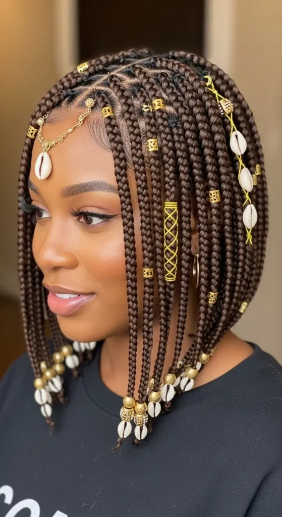 Fulani braids inside a softly lit modern bedroom, neutral color palette with linen bedding and minimal decor, warm window light creating gentle shadows, cozy feminine atmosphere, high-detail braid texture around face, relaxed candid pose, lifestyle photography aesthetic emphasizing simplicity and elegance.