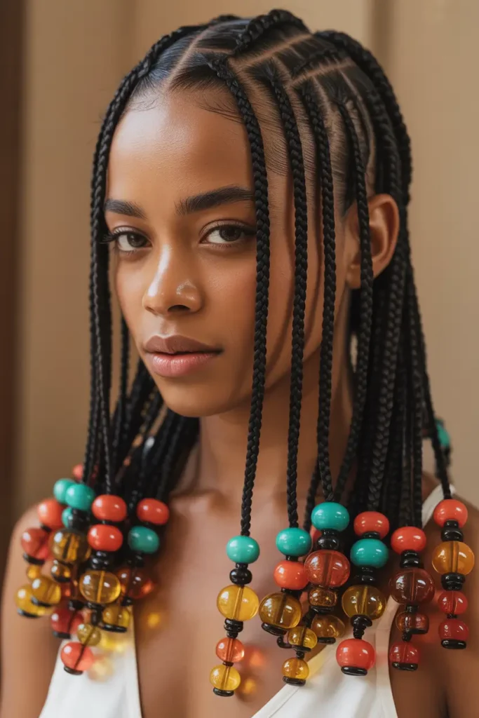 photo showing Fulani braids with decorative beads at the ends, golden hour sunlight illuminating hair texture, cozy outdoor balcony scene with woven chair, soft throw blanket, potted plants, warm earthy color palette, gentle breeze creating motion in braids, relaxed feminine mood, high-detail bead reflections, natural makeup look, cinematic lighting capturing calm yet playful atmosphere.