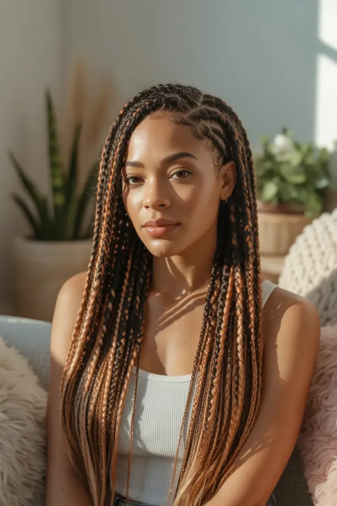 realistic image showing Fulani braids blended with warm colored extensions, golden sunlight illuminating hair tones, cozy indoor corner with plants and textured cushions, soft neutral background, lifestyle photography mood, high-detail braid texture with visible color transitions, relaxed feminine styling, calm atmosphere with natural light reflections enhancing warmth and softness.