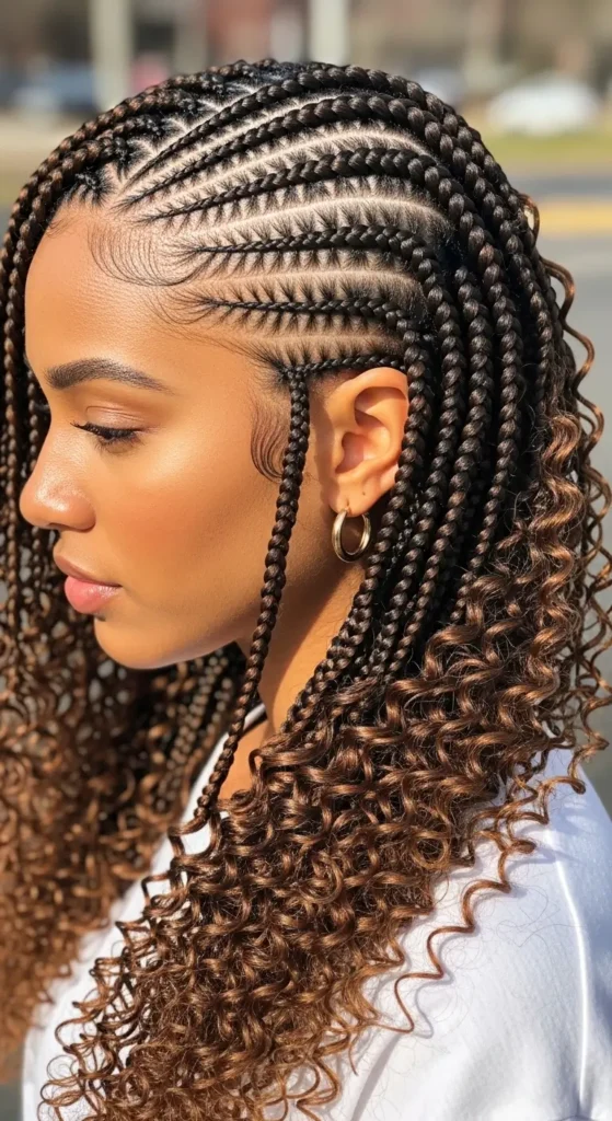 beauty photo showing Fulani braids transitioning into soft curly ends, bright window light pouring into cozy neutral-toned room, fluffy textured rug, minimal decor elements, airy feminine environment, curls catching light naturally, high-detail hair texture, relaxed seated pose near window, warm calm aesthetic with soft shadows and lifestyle photography realism.