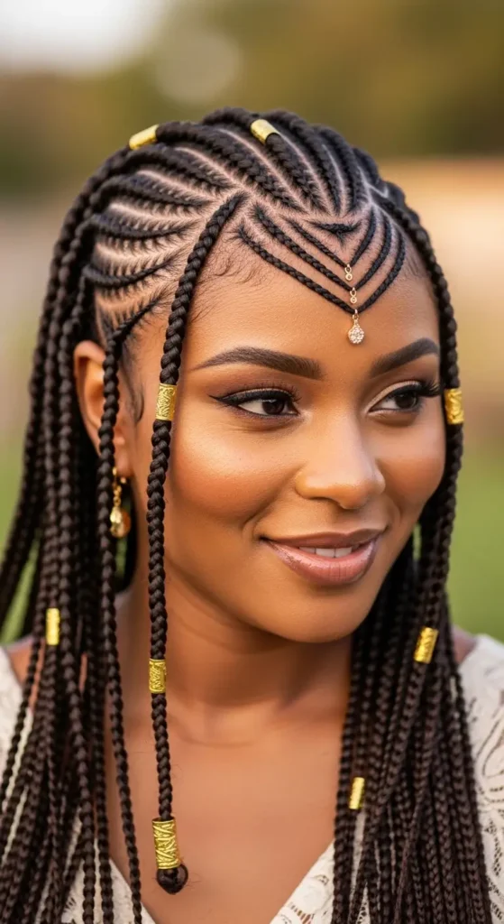  portrait showing Fulani braids with delicate face framing sections, soft window lighting illuminating natural skin tones, cozy neutral bedroom with linen textures and warm decor accents, relaxed feminine environment, detailed braid placement visible, lifestyle photography aesthetic, gentle shadows and airy atmosphere creating calm intimate mood.
