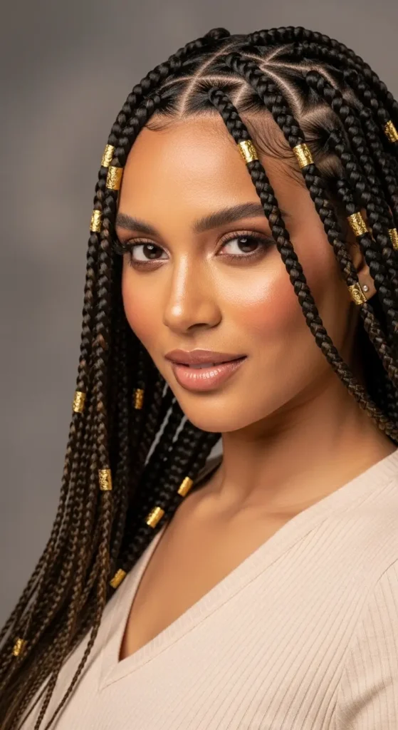 portrait of Fulani braids decorated with gold cuffs, soft studio-like natural lighting, warm neutral background with textured wall and cozy seating, subtle glow reflecting off metallic accents, elegant feminine mood, detailed braid patterns clearly visible, calm lifestyle aesthetic, creamy color palette, gentle shadows enhancing depth and creating sophisticated yet relaxed atmosphere.