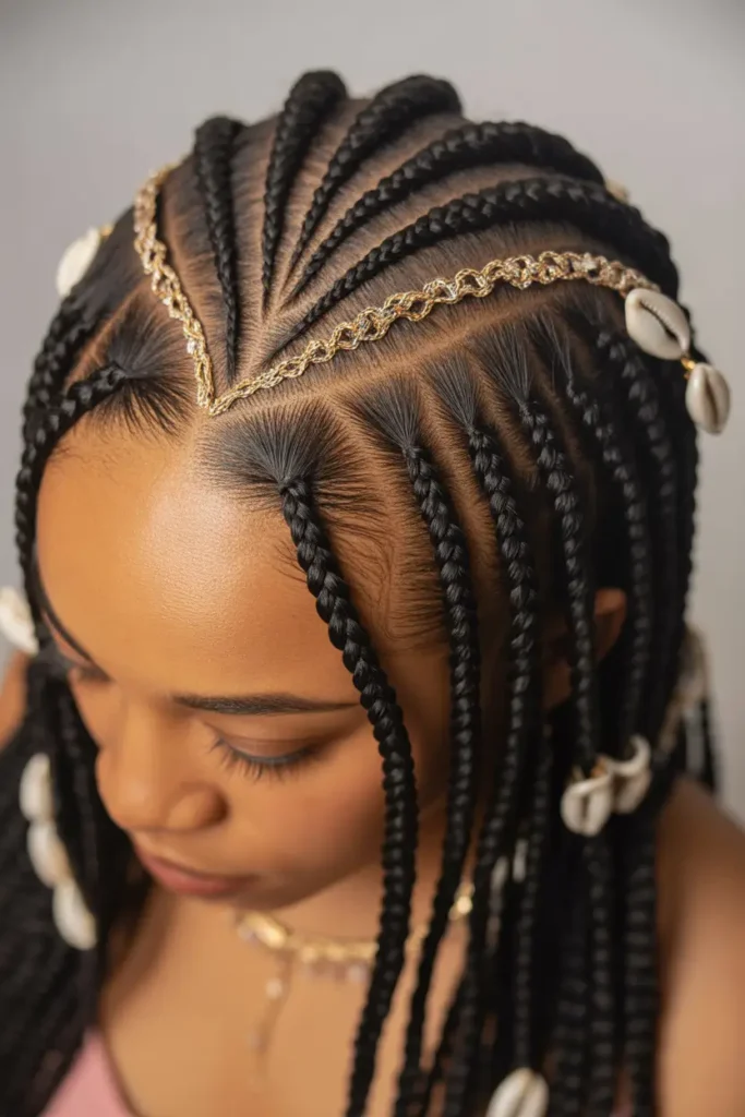 Fulani braids with heart-shaped scalp part design, soft natural lighting in cozy neutral room, textured fabrics and warm decor elements, feminine lifestyle photography mood, detailed scalp artistry clearly visible, calm relaxed pose, airy atmosphere with gentle shadows highlighting braid precision and creative styling.