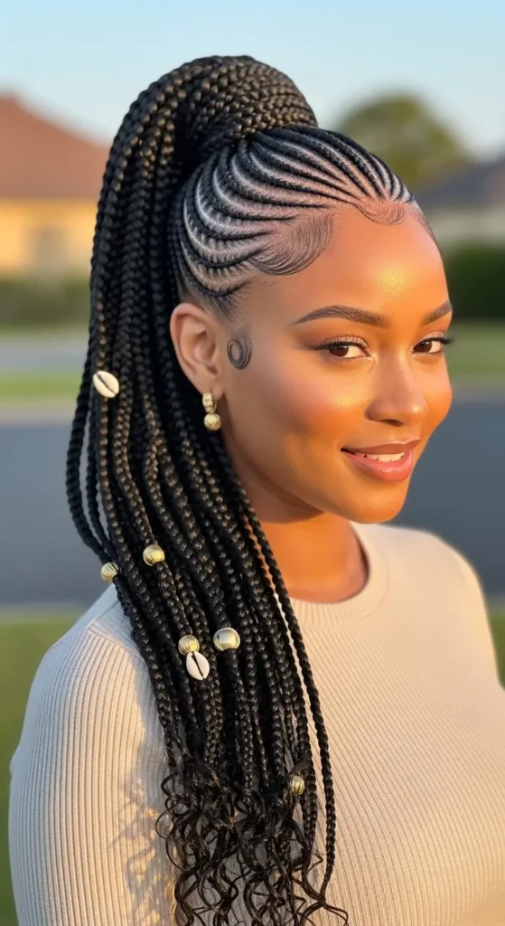 Fulani braids styled into a high ponytail, natural sunlight streaming through large windows, modern cozy apartment interior with neutral tones, soft fabric textures, warm wooden furniture, airy feminine atmosphere, detailed braid texture visible, lifestyle photography aesthetic capturing movement and confident relaxed mood.