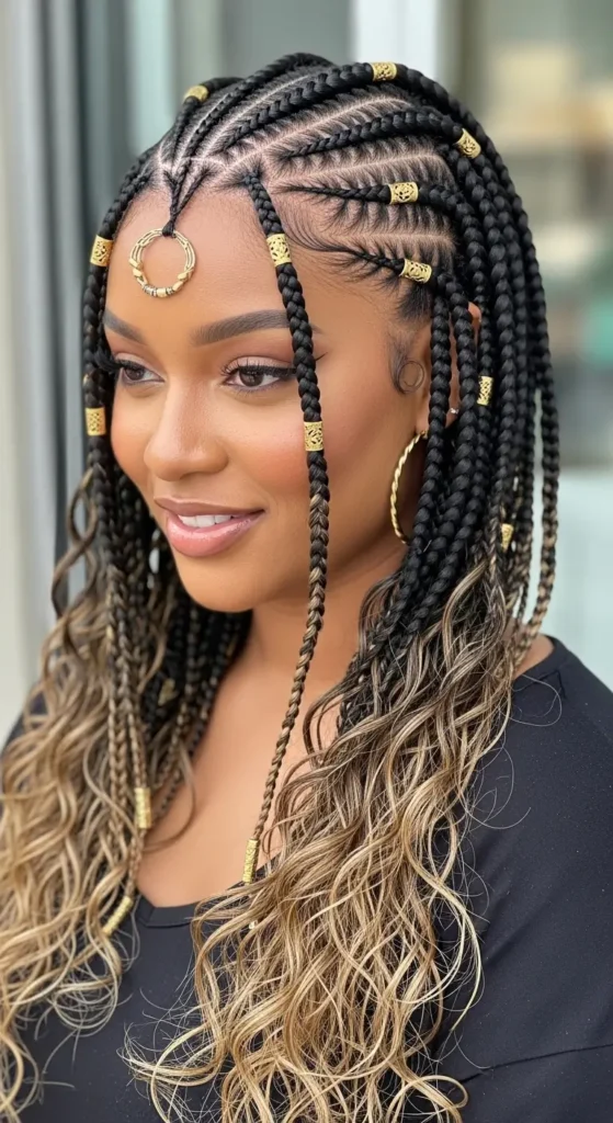 showing Fulani braids transitioning into loose waves, golden hour light filling a cozy neutral-toned apartment, sheer curtains glowing softly, plush textures and warm decor accents, feminine calm atmosphere, detailed braid and wave texture visible, lifestyle photography aesthetic with soft cinematic lighting.