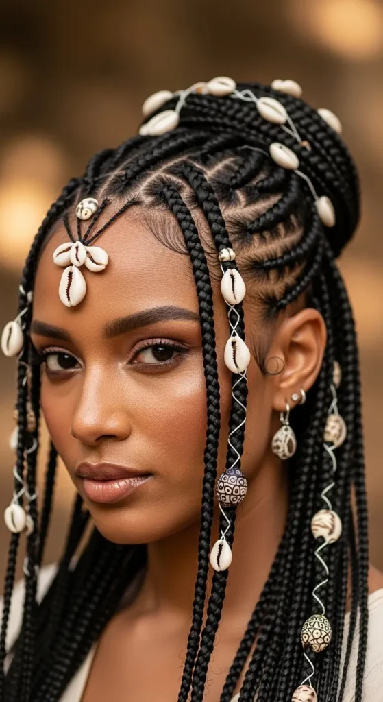 Fulani braids decorated with small shell accessories, soft beach-inspired indoor setting with woven textures, neutral cushions, warm sunlight casting golden highlights, relaxed feminine mood, airy atmosphere, high-detail braid and shell texture, cozy natural aesthetic with calm shadows and lifestyle photography realism.