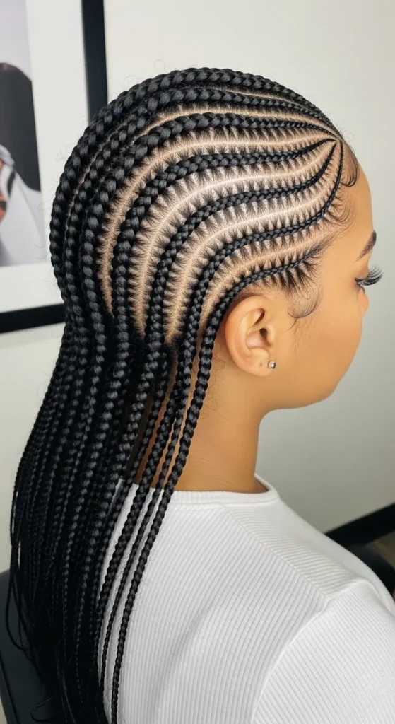 realistic portrait featuring Fulani braids with intricate tribal parting patterns, soft daylight entering through sheer curtains, warm neutral indoor setting with textured wall and woven decor accents, cozy feminine atmosphere, detailed scalp design clearly visible, natural makeup and calm expression, lifestyle photography aesthetic with earthy tones, soft shadows adding depth and highlighting braid precision.