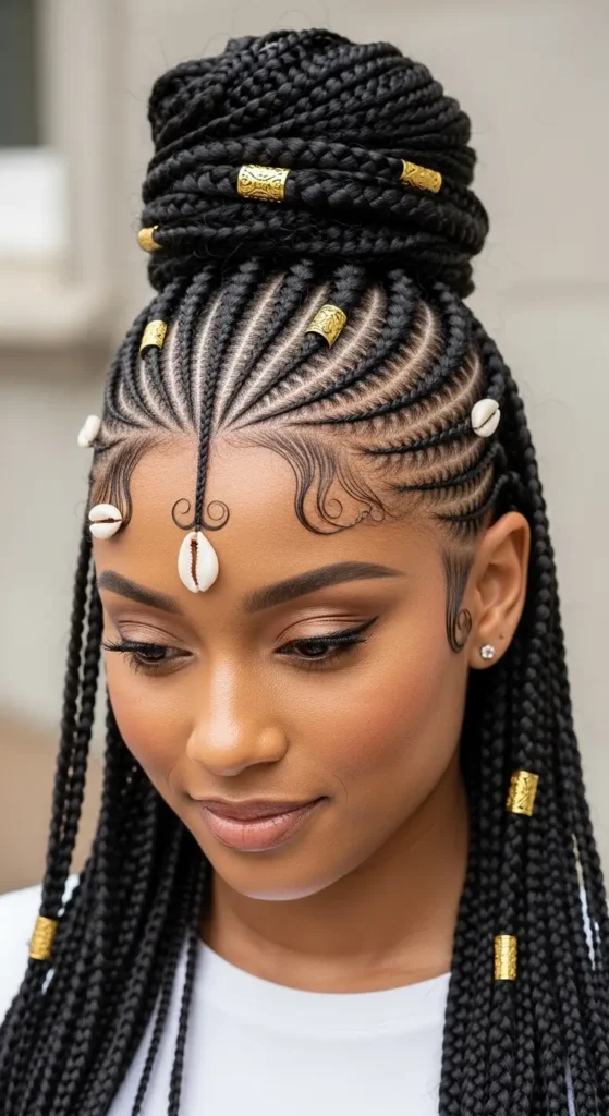 lifestyle photo of half up Fulani braids styled in a small top knot, soft morning light filling a cozy bedroom, linen bedding, neutral tones, wooden furniture textures, relaxed feminine mood, airy atmosphere, detailed braid texture captured clearly, natural candid pose near window, warm calm lighting creating soft shadows and cozy everyday aesthetic.