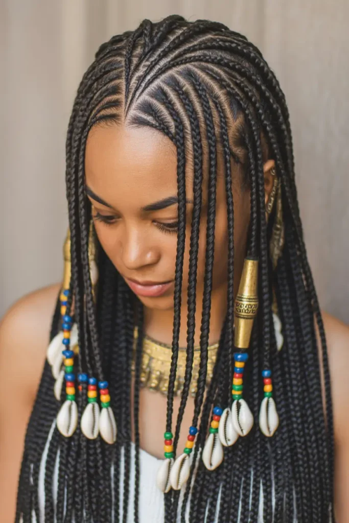 portrait featuring waist length Fulani braids flowing down the back, soft golden hour lighting inside a minimal neutral apartment, sheer curtains glowing with sunlight, cozy textured rug and warm wooden tones, airy feminine atmosphere, high-detail braid length emphasized, calm lifestyle photography aesthetic capturing movement and elegance.