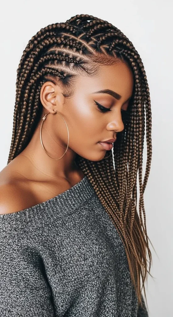 portrait featuring side swept Fulani braids cascading over one shoulder, warm indoor sunset lighting, minimal modern bedroom with wooden furniture and soft neutral decor, linen curtains glowing with natural light, cozy, feminine atmosphere, subtle shadows adding depth, textured braids sharply detailed, relaxed candid pose, lifestyle photography mood with calm and intimate styling.