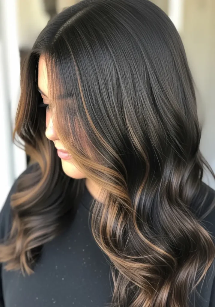 Soft Caramel Highlights on Deep Black Hair