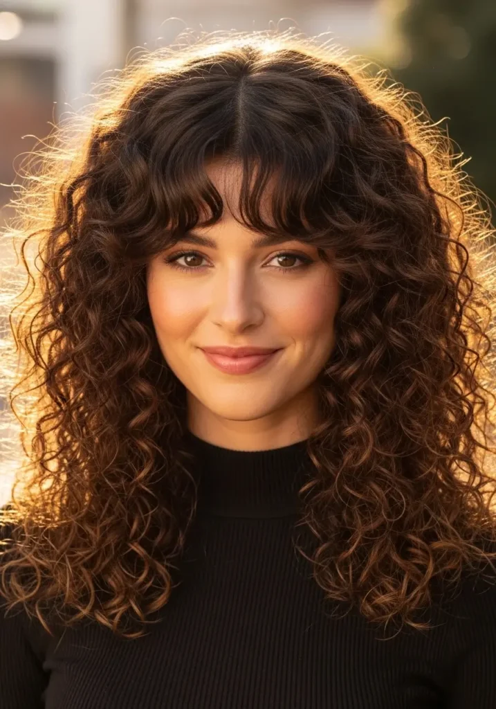 Curly Hair with Face-Framing Curtain Bangs