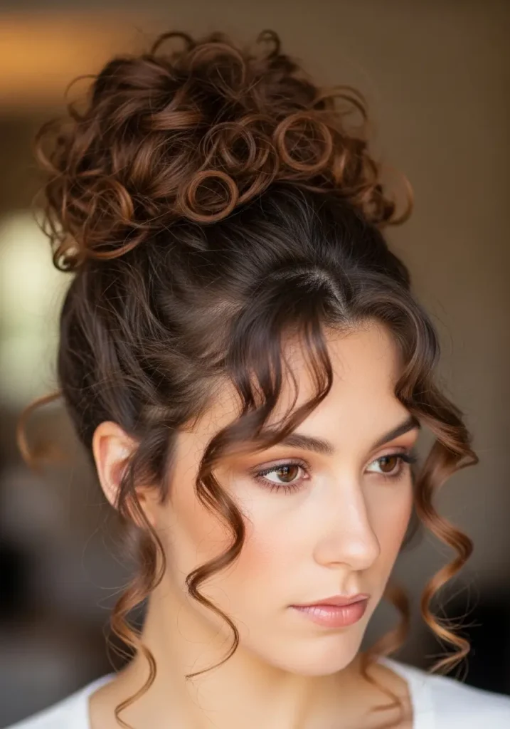 Curly High Bun with Face-Framing Pieces