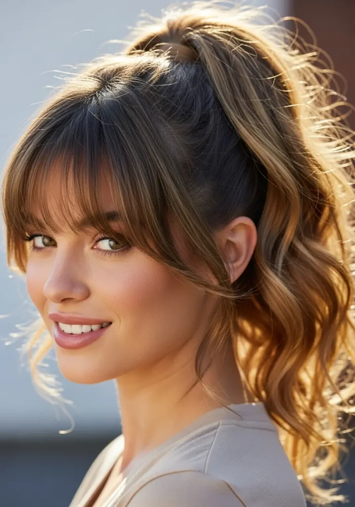 Curtain Bangs with High Ponytail