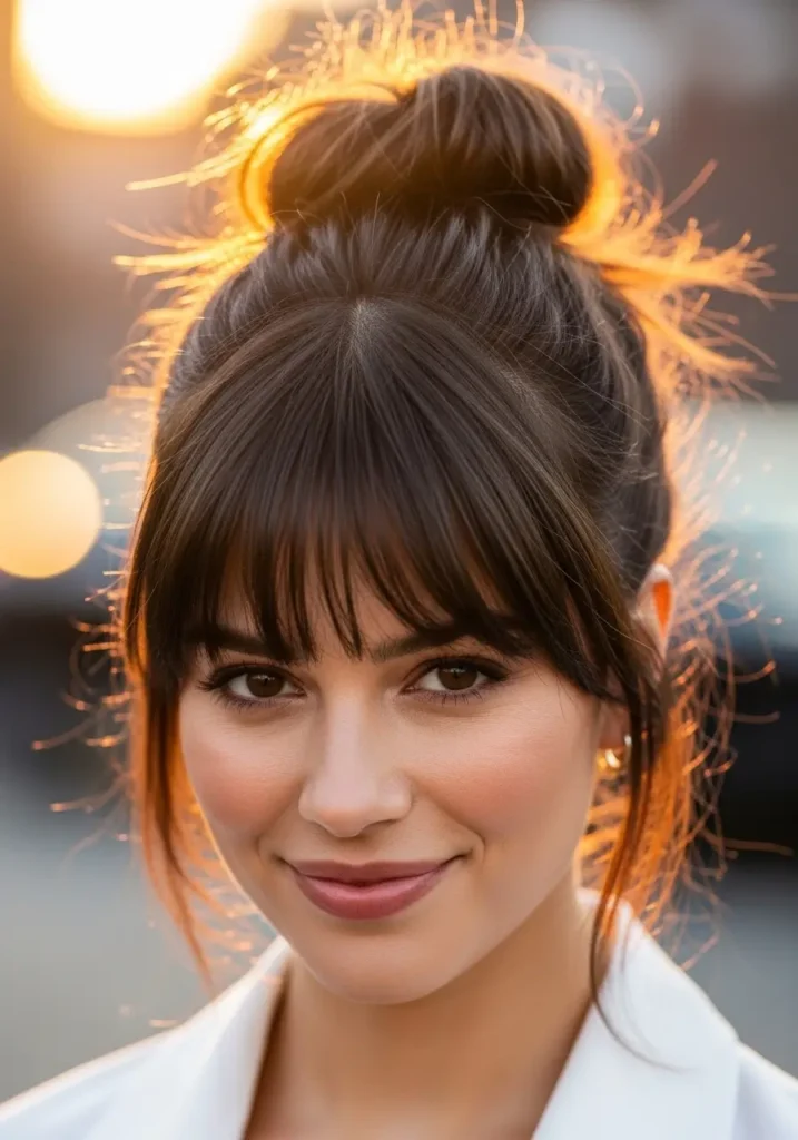 Curtain Bangs with Messy Bun Style