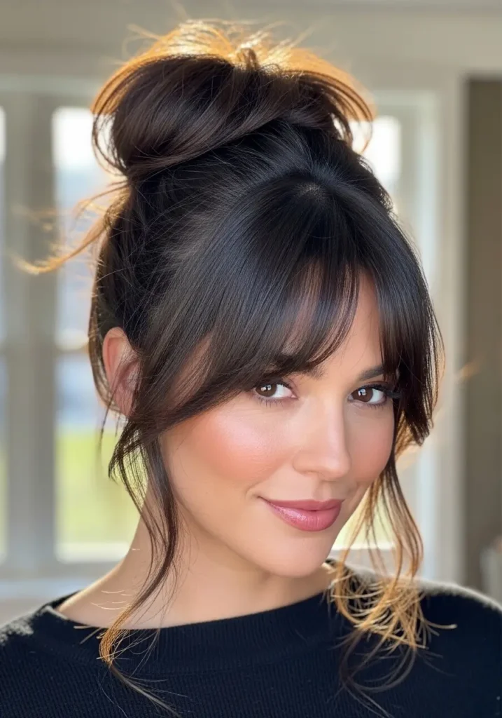 Curtain Bangs with Messy Bun Styling