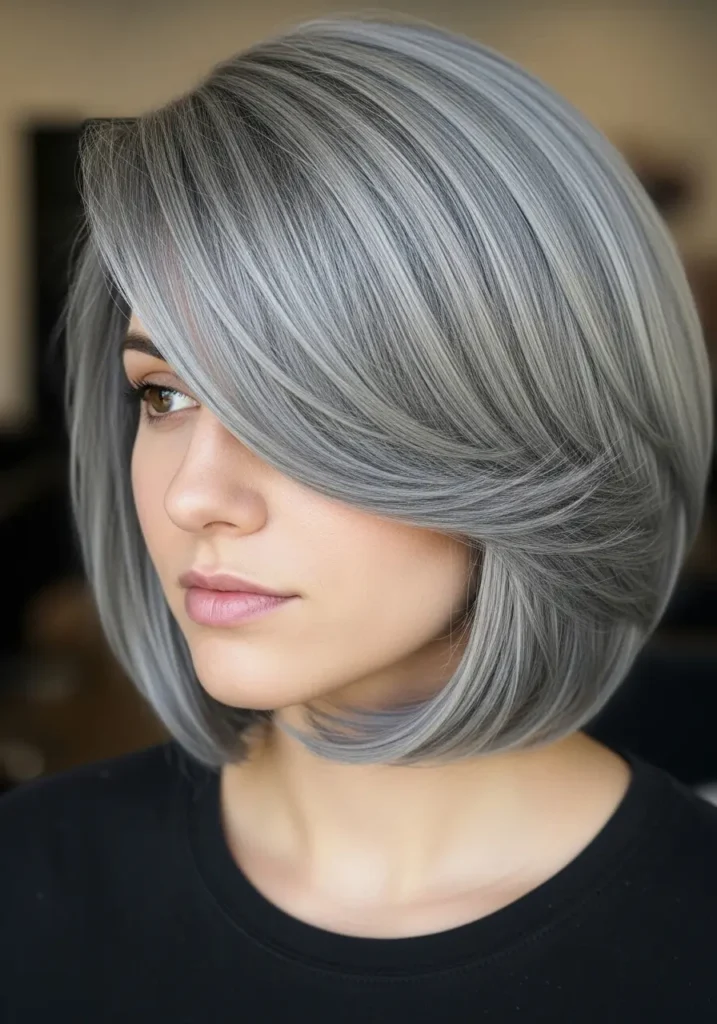 Curved Gray Bob with Face Framing Shape