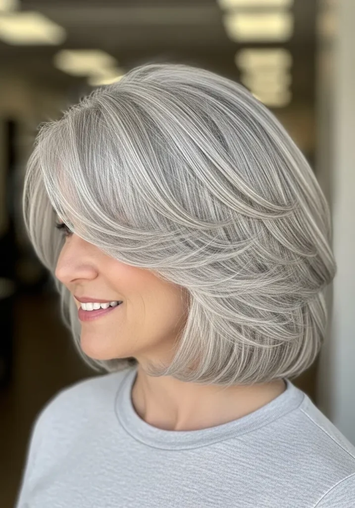 Feathered Gray Bob for Soft Volume