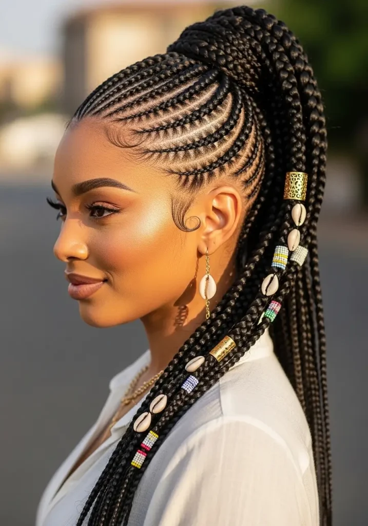 Fulani Braids in a High Ponytail