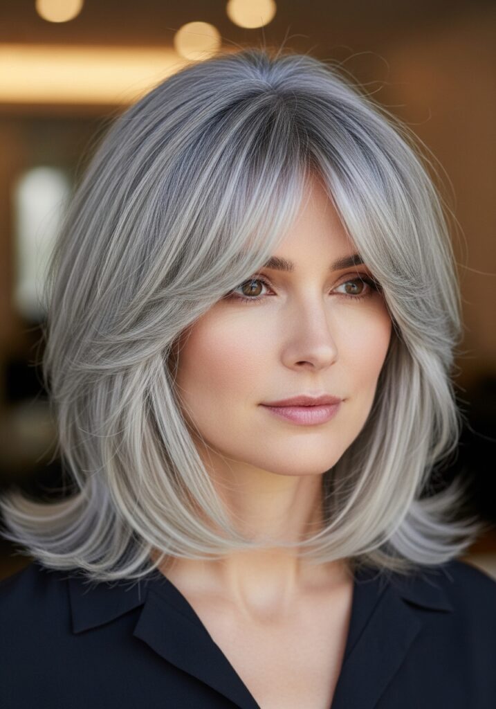 Layered Grey Bob With Curtain Bangs