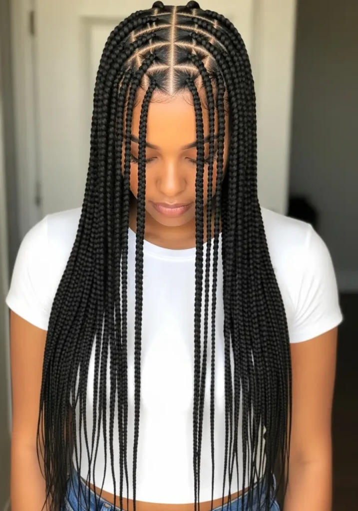 Long Micro Braids with Center Part