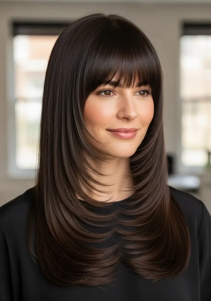 Long Straight Layers with Blunt Bangs
