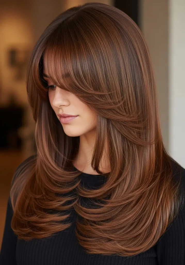 Long Straight Layers with Curtain Bangs