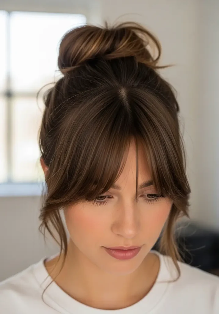 Messy Bun with Relaxed Curtain Bangs