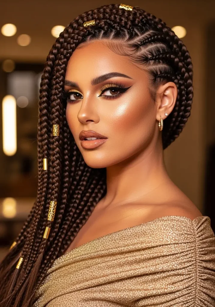 Side Part Knotless Braids Glam Look