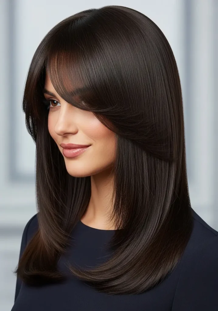 Sleek Straight Hair with Feathered Curtain Bangs