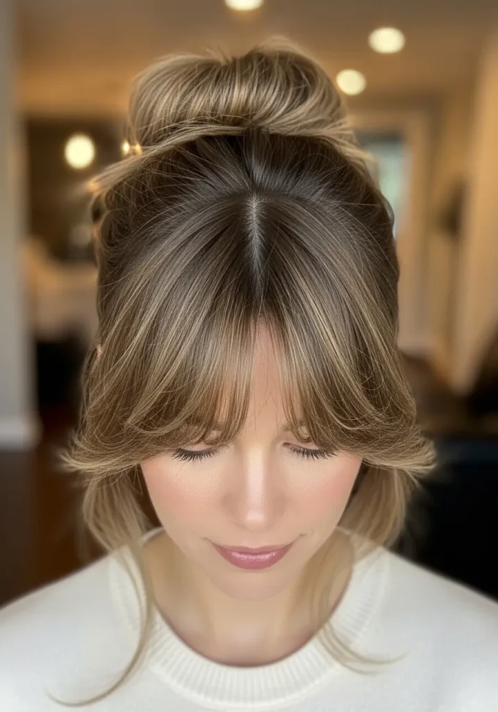 Soft Curtain Bangs with Messy Bun Styling