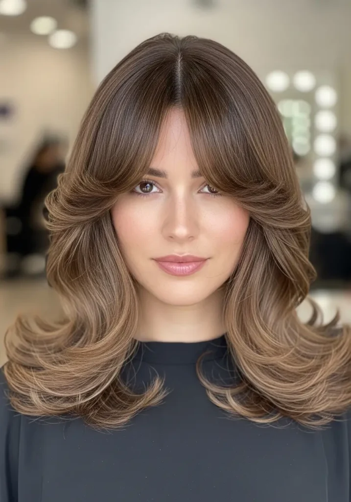 Soft Curtain Bangs with Voluminous Blowout