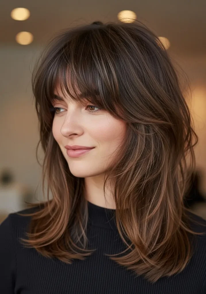 Textured Curtain Bangs with Shaggy Movement