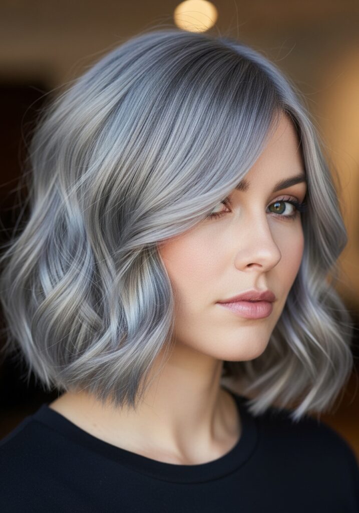 Wavy Grey Bob With Side Part