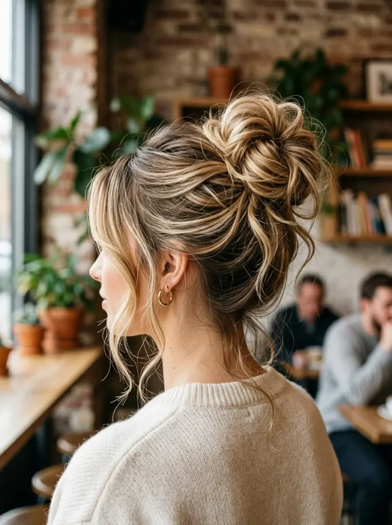 Balayage Blonde Hair Color with a Messy Bun