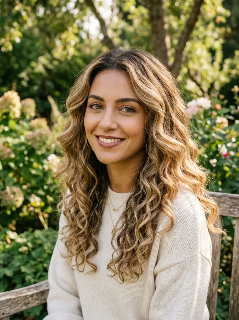 Balayage Caramel Blonde Hair Color with Soft Curls