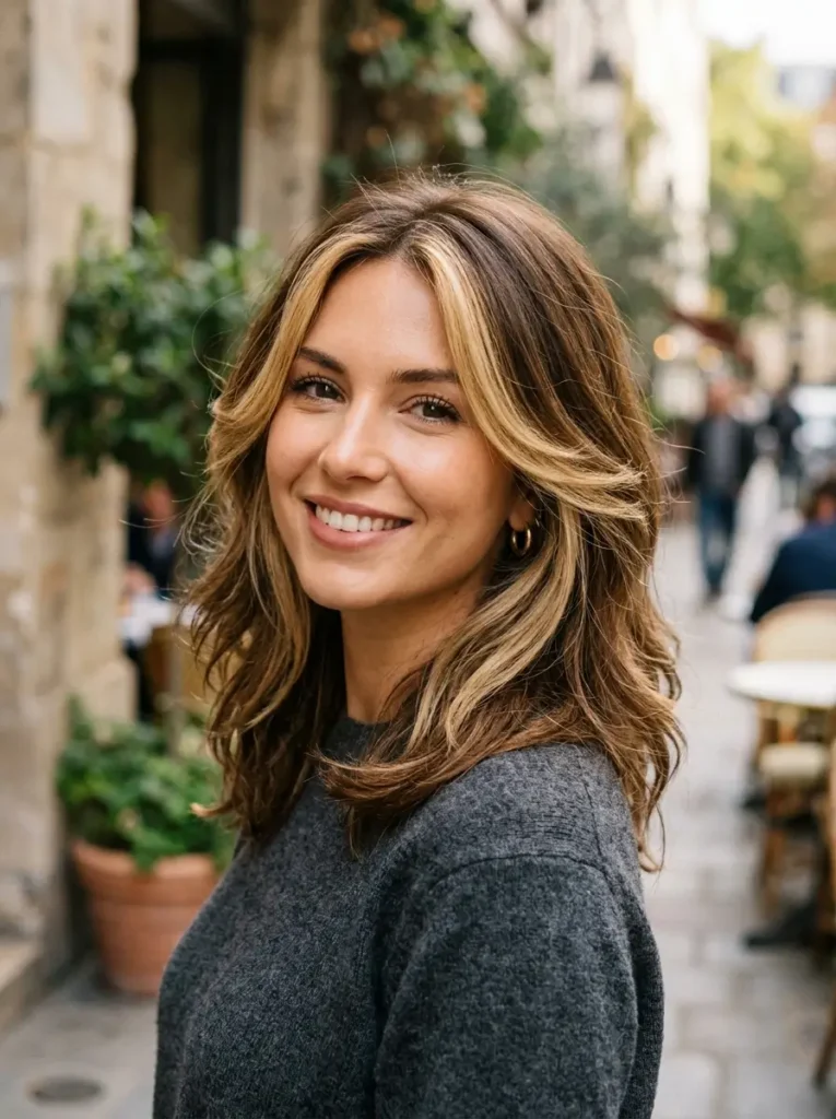Brown Hair with Blonde Layers Around the Face