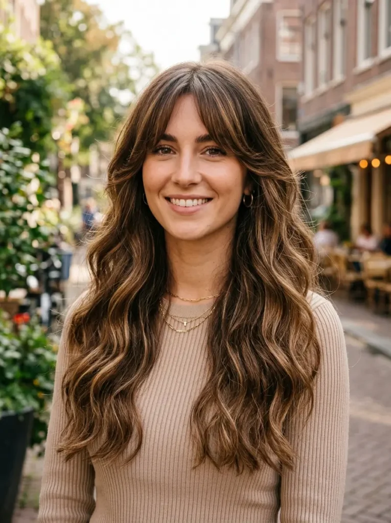 Caramel Balayage with Curtain Bangs