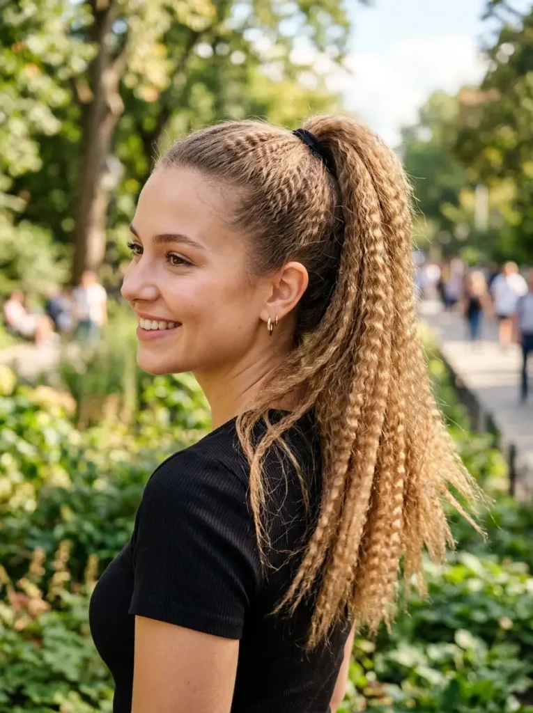 High Ponytail with Crimped Texture