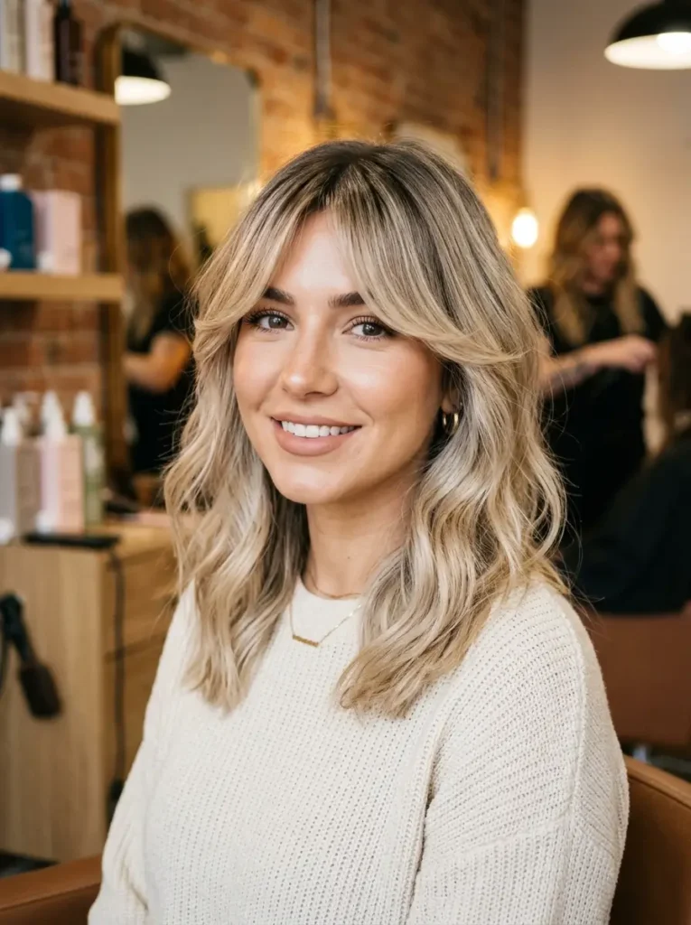 Rooted Blonde Hair with Curtain Bangs