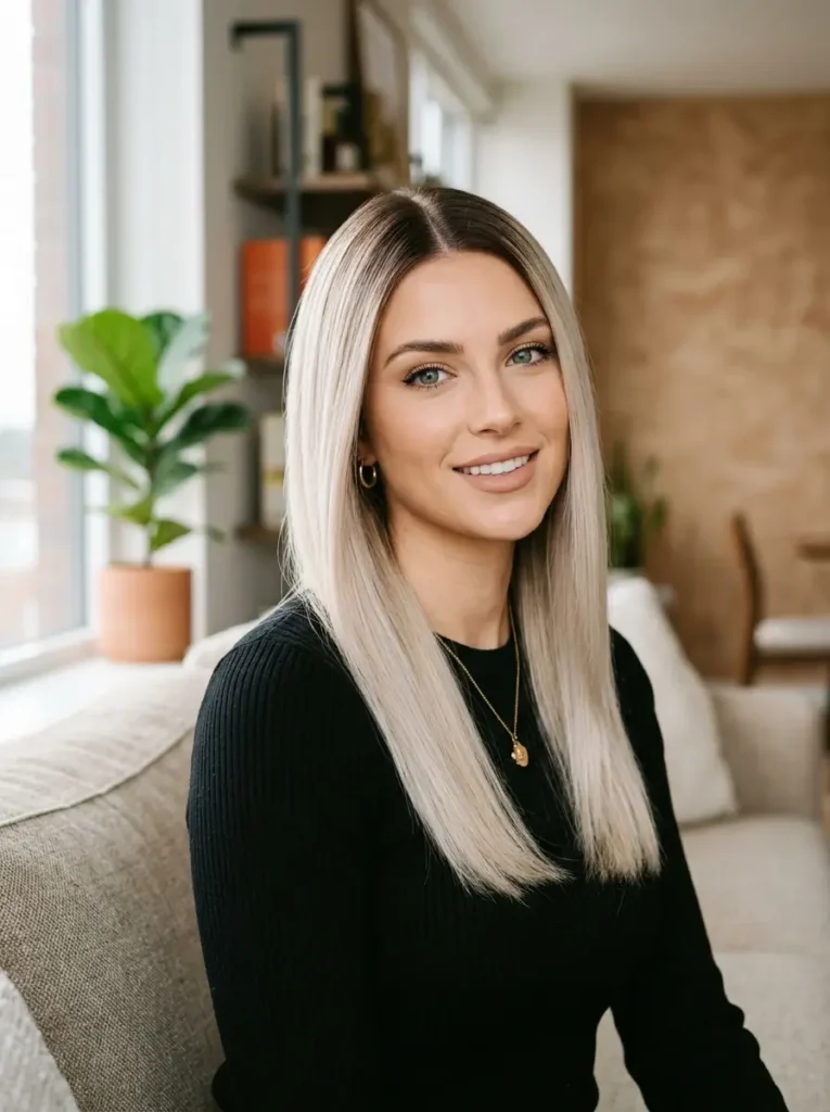 Sleek Blonde Hair Dark Roots Style
