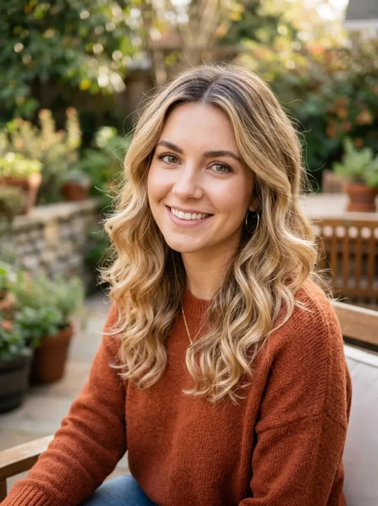 Warm Blonde with Dark Roots and Soft Curls