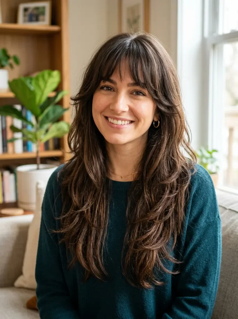 Long Hair with Bottleneck Bangs and Layers
