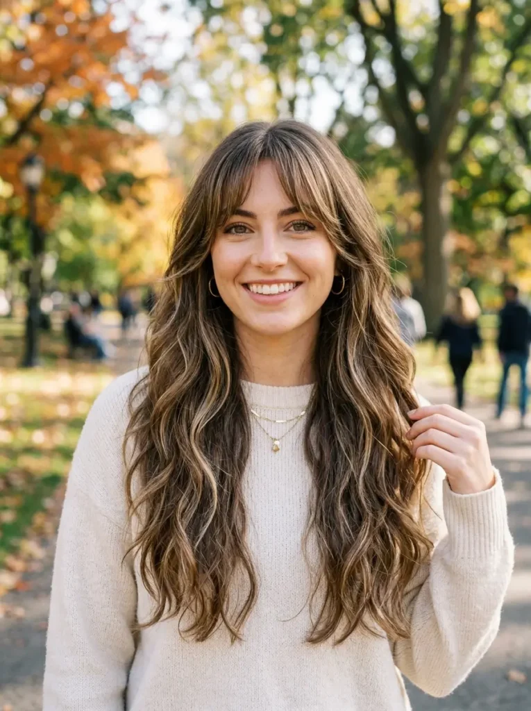 Long Layered Hair with Bottleneck Bangs