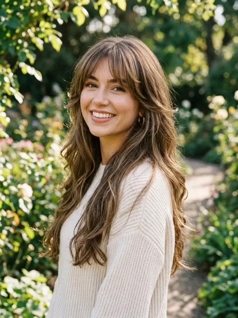 Long Layered Hair with Face-Framing Bangs