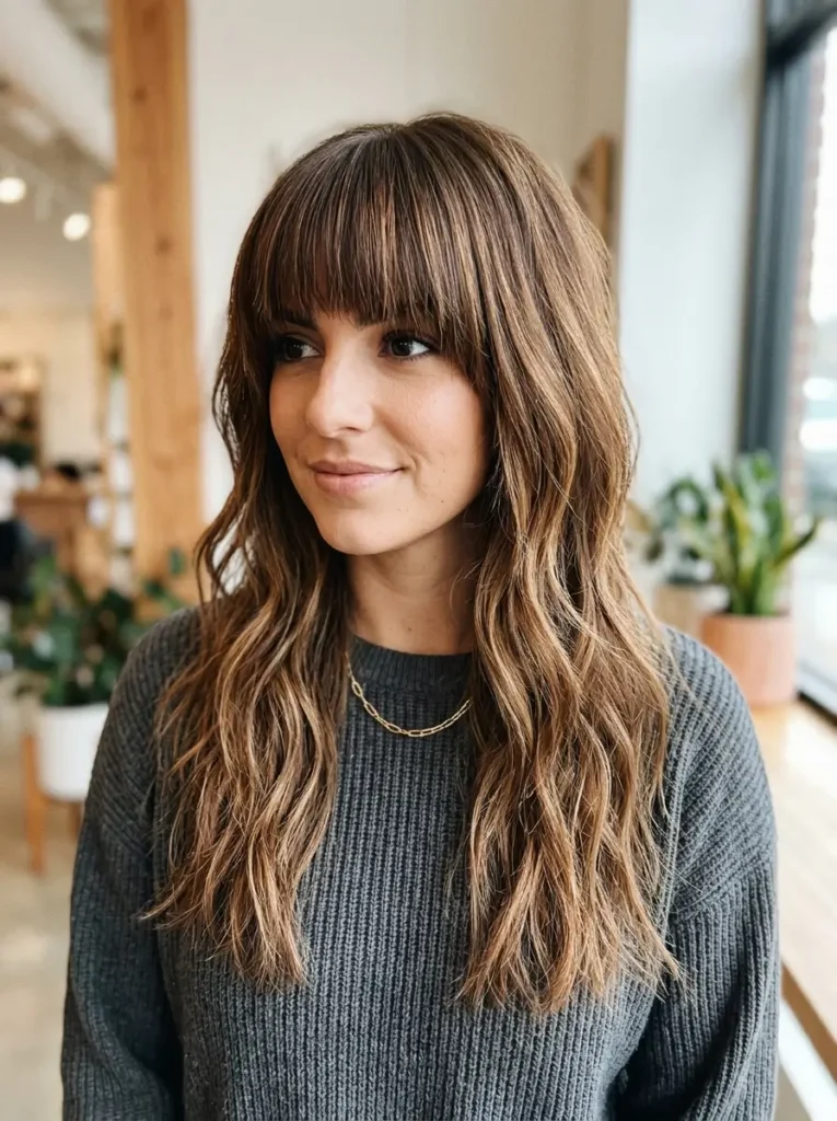 Long Layered Haircut with Blunt Bangs