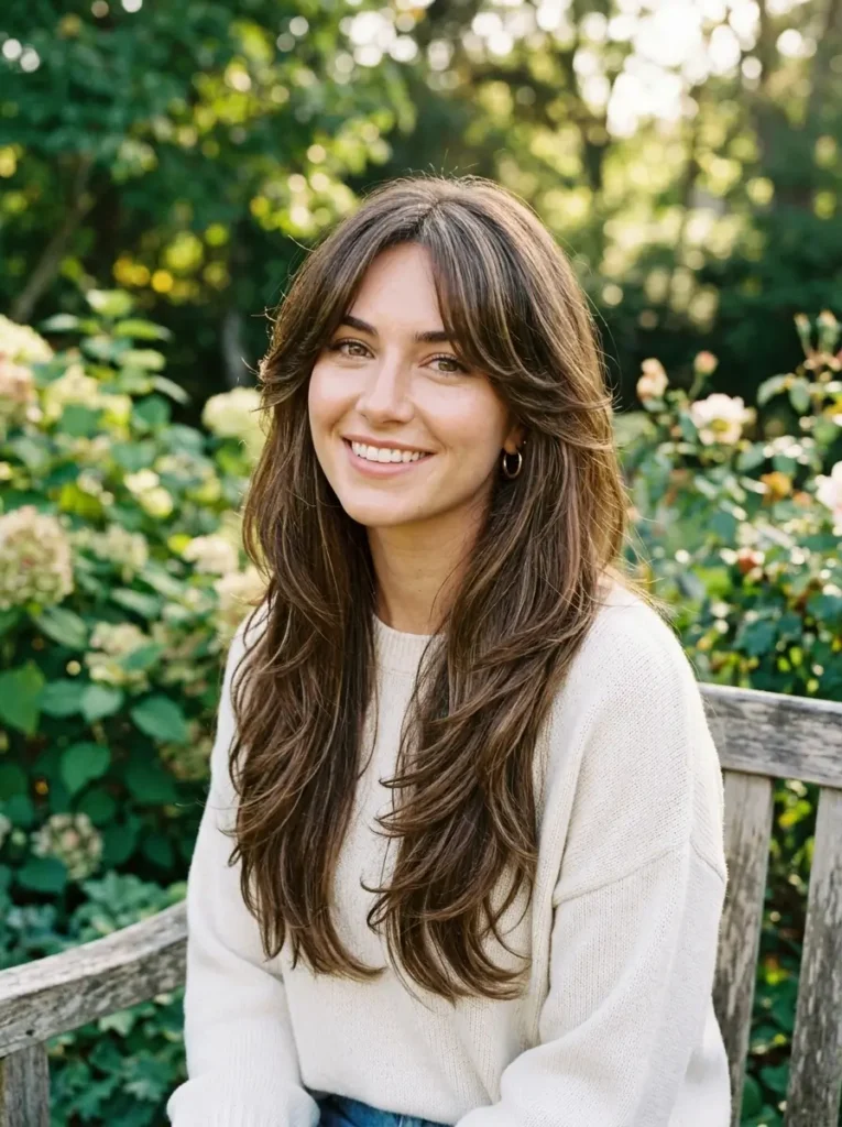 Long Layered Haircut with Curtain Bangs