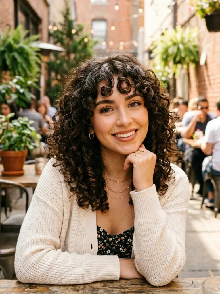 Medium Curly Hair with Curtain Bangs
