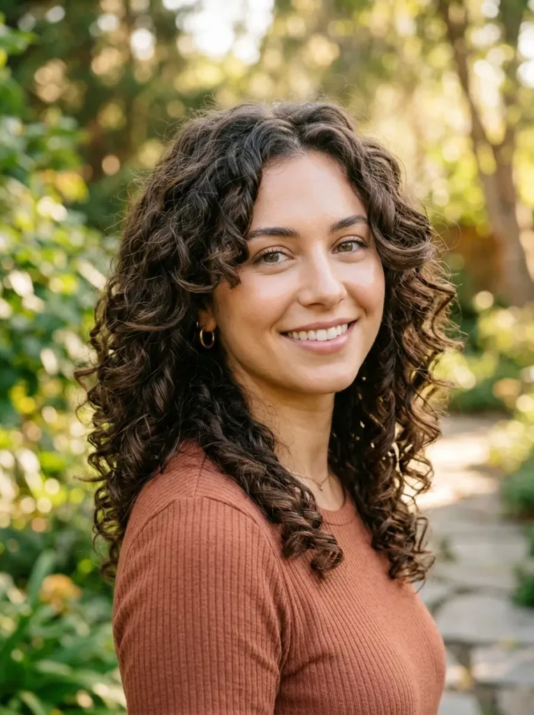 Medium Curly Hair with Wispy Bangs